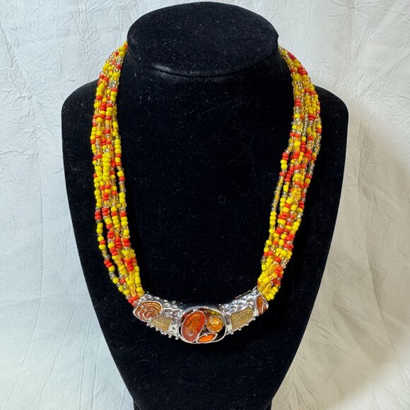 Multicolor 7 strand Seed Bead Statement Necklace With Silver & Orange Pendant - Picture 1 of 8